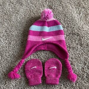 Nike Kids Pink and Light Blue Striped Hat and Mittens